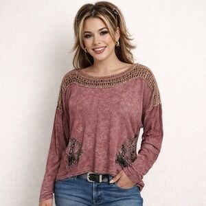 BKE Mauve Mineral Wash Crochet Lace Inset Long Sleeve Boho Top S Y2K Moto Biker
